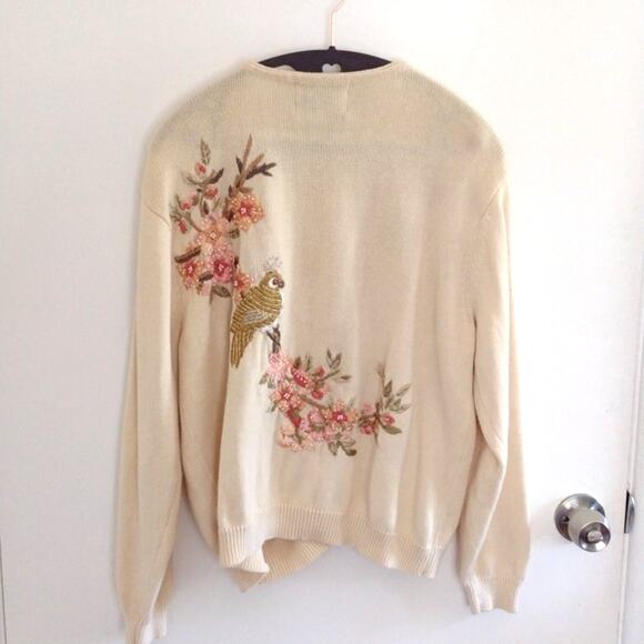 Vintage Heirloom Collectibles Embroidered Cream Floral Bird Cottagecore Cardigan - Picture 15 of 15